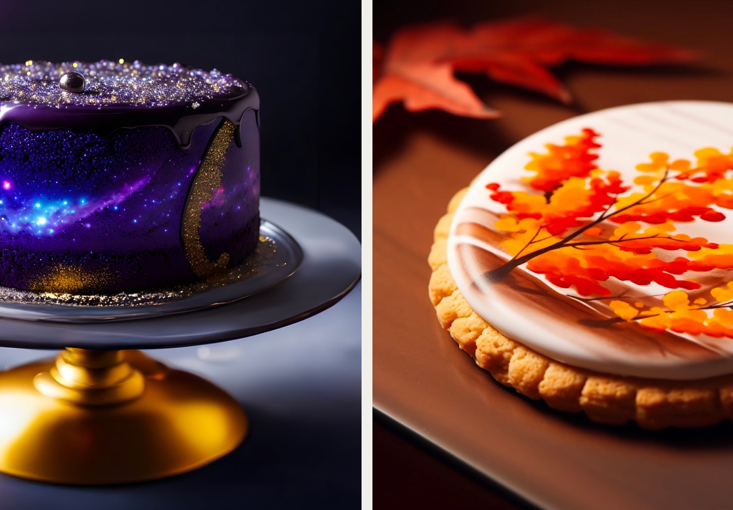 Beautiful cake and tasty cookie with a print.