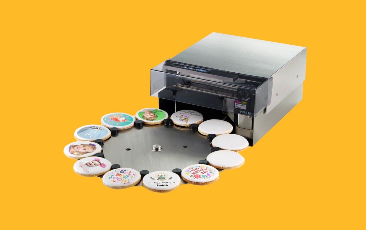 Eddie—Edible Ink Printer with cookies on a yellow background.