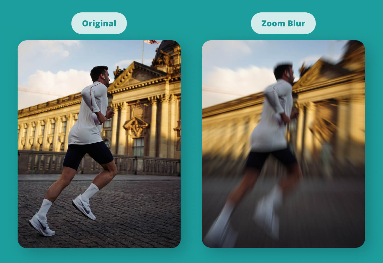 A photo of a running person demonstrating the illusion of incredible speed and tunnel vision using Motion Blur and Zoom Blur effects.