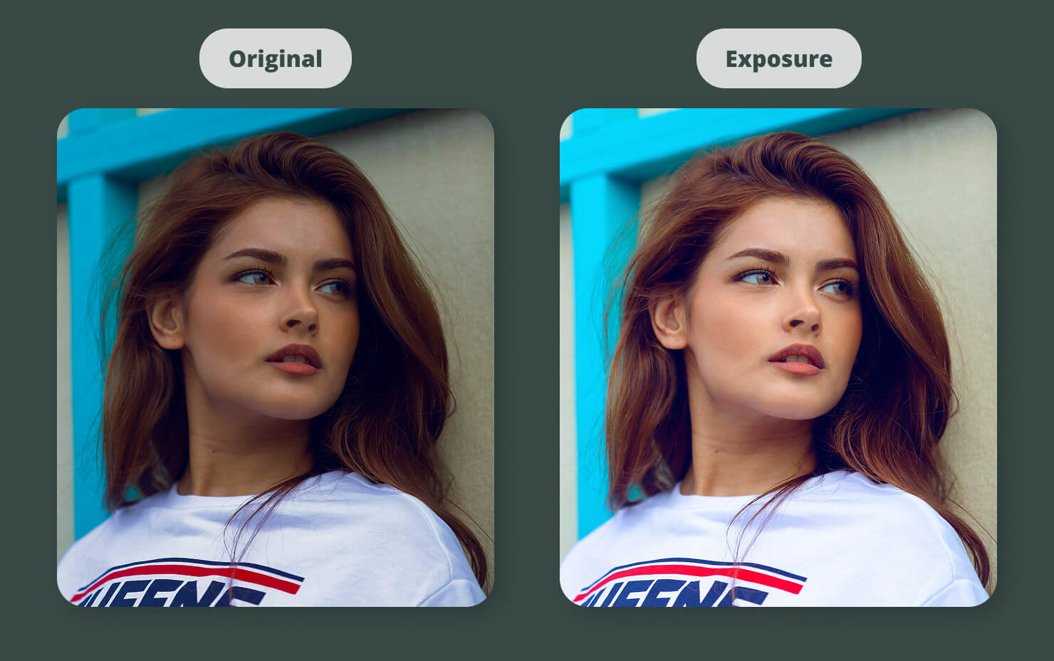 A side-by-side comparison of a photo brightness adjustment.