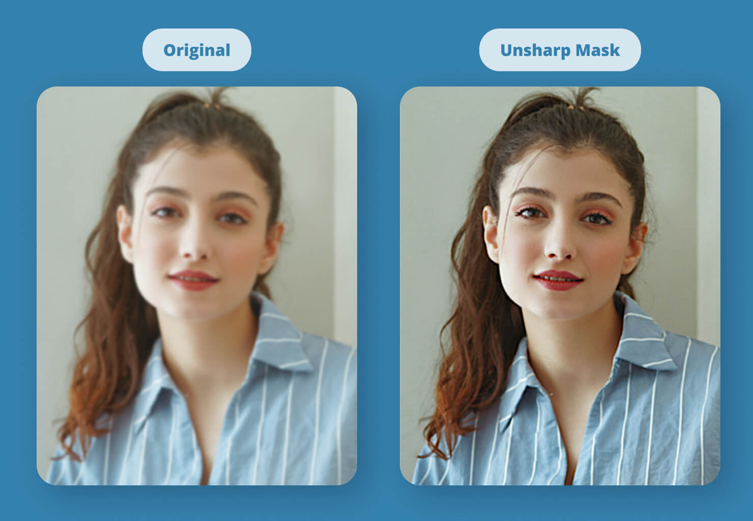 A blurred image compared to a crisp, sharp image after applying focus hierarchy filters like Unsharp Mask.