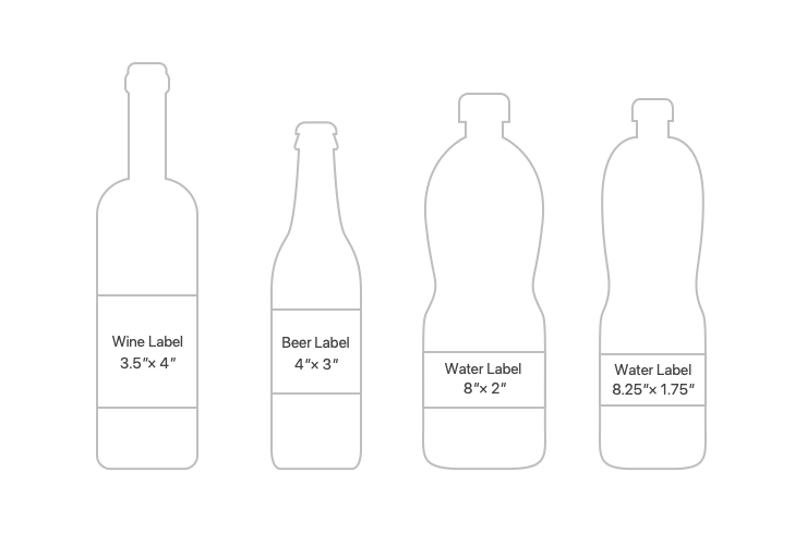 Different labels sizes for water, wine and beer bottles