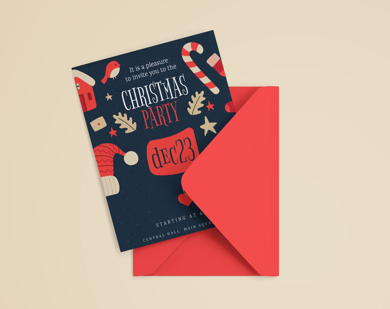 Custom holiday party invitation in a light-red envelope.