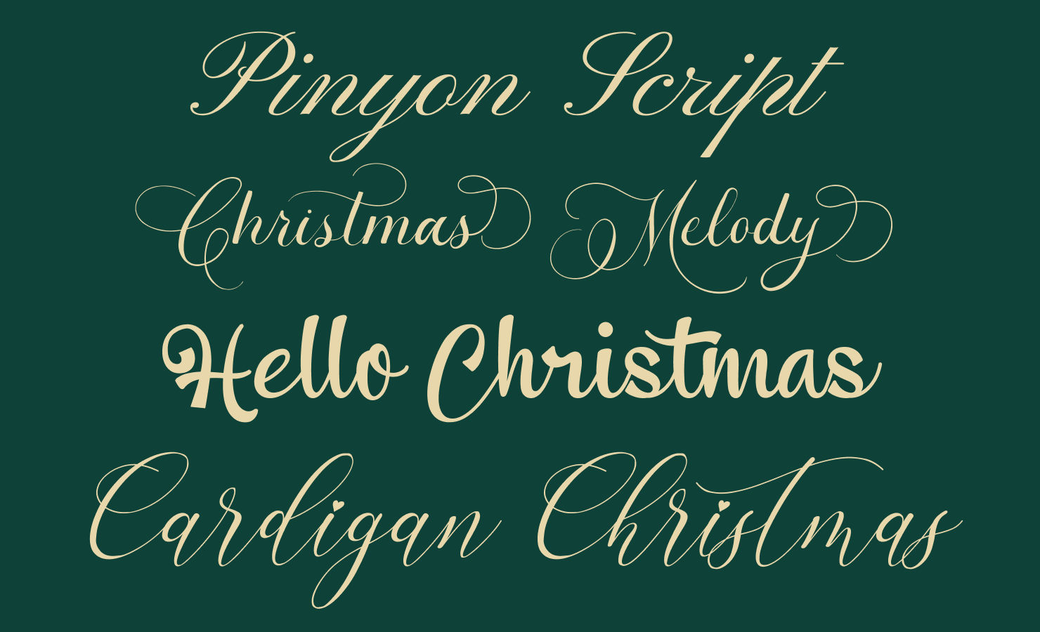 Pinyon Script, Christmas Melody, Hello Christmas and Cardigan Christmas fonts examples.