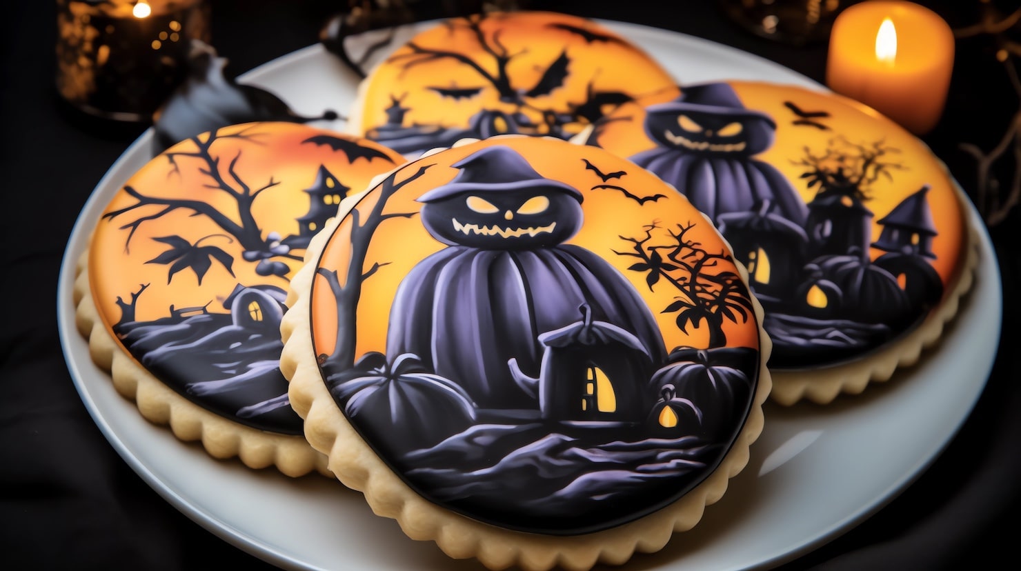 Cookie with a Halloween-themed edible printing of Jack-o'-lantern on its icing.