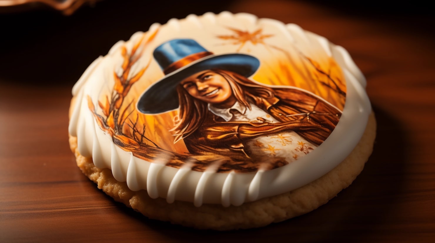 Thanksgiving-themed cookie with a person in a pilgrim's hat.