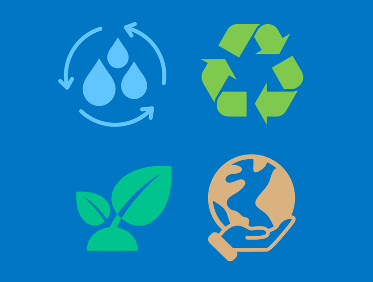 Different signs of conserving water, recycling and tree planting.