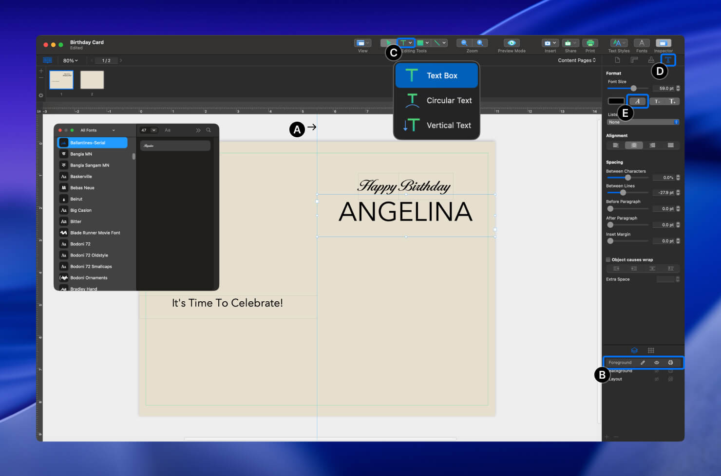 Adding text to the card using the Text Box tool and formatting fonts in the Inspector.
