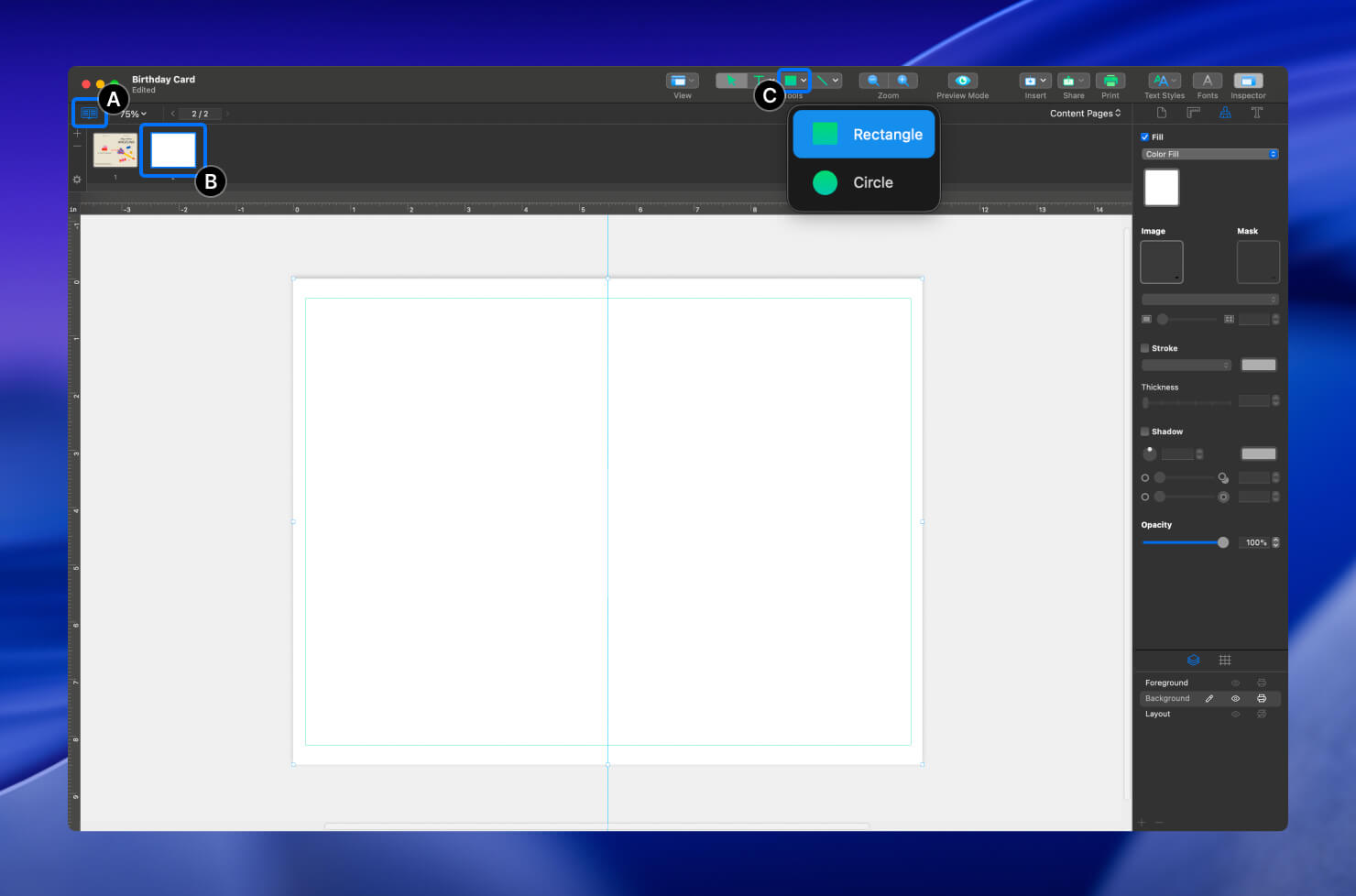 Creating a white rectangle on the inside page of the card using the Rectangle tool.