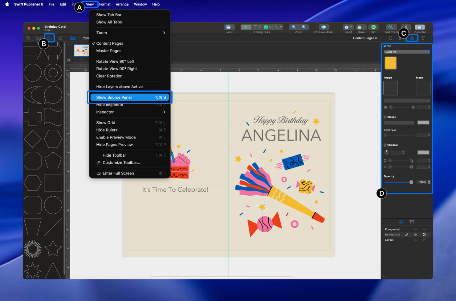 Dragging Smart Shapes from the Source Panel onto the card design and adjusting settings.