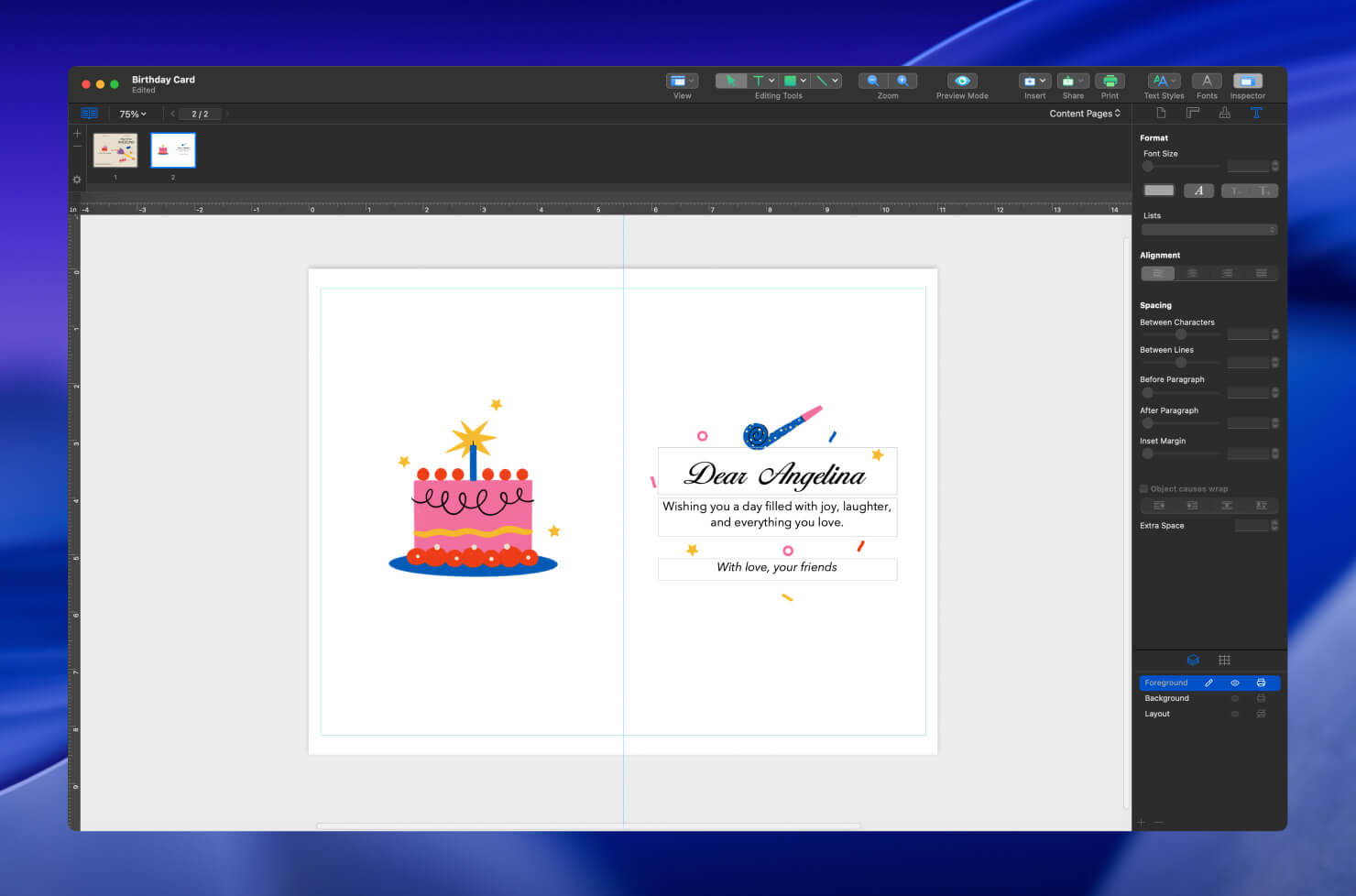 Finalized inside view of the bi-fold greeting card with text and graphics.