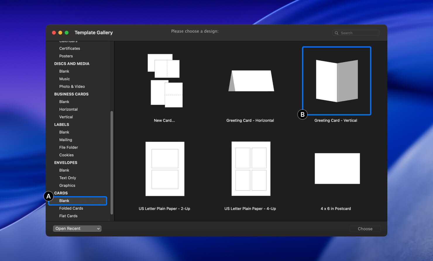 Selecting the Greeting Card Vertical template in the Swift Publisher 5 Template Gallery.