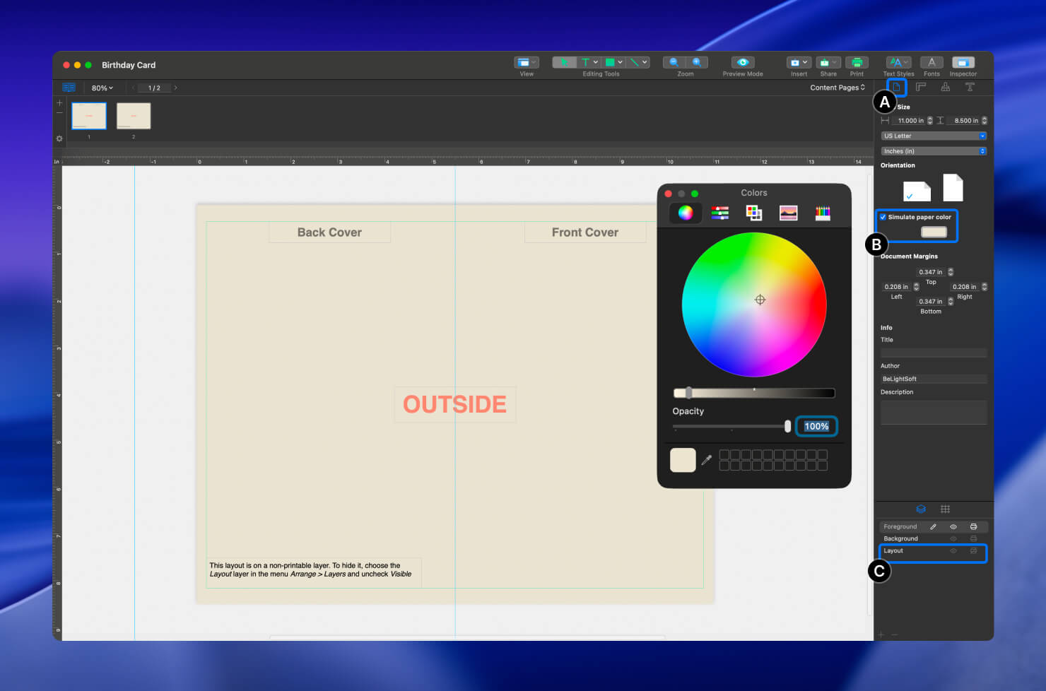 Setting the document background color to White Coffee (Hex EAE3D1) in the Inspector panel.
