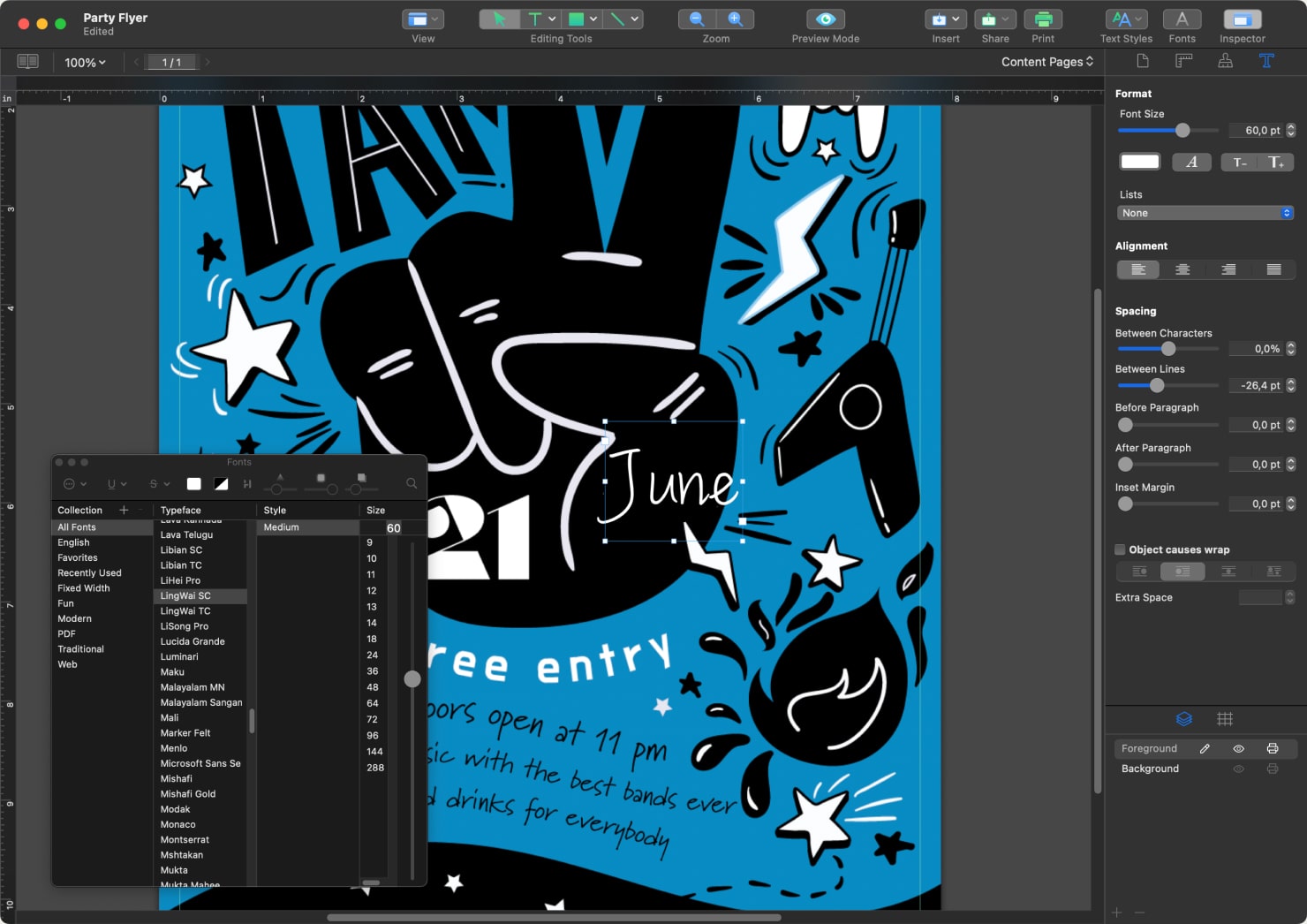 Party flyer with a font selection tool in Swift Publisher for Mac.