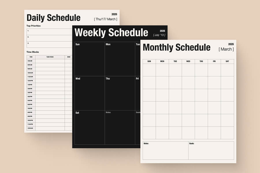 Blank daily, weekly and monthly planner printable templates for Swift Publisher for Mac.