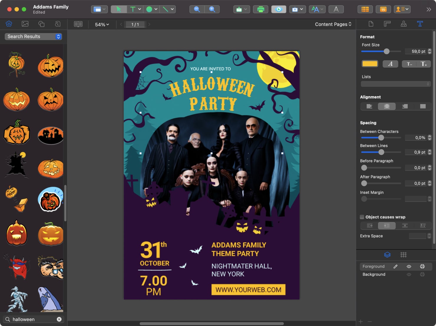 Addams Family theme party invitation created in Swift Publisher for Mac.