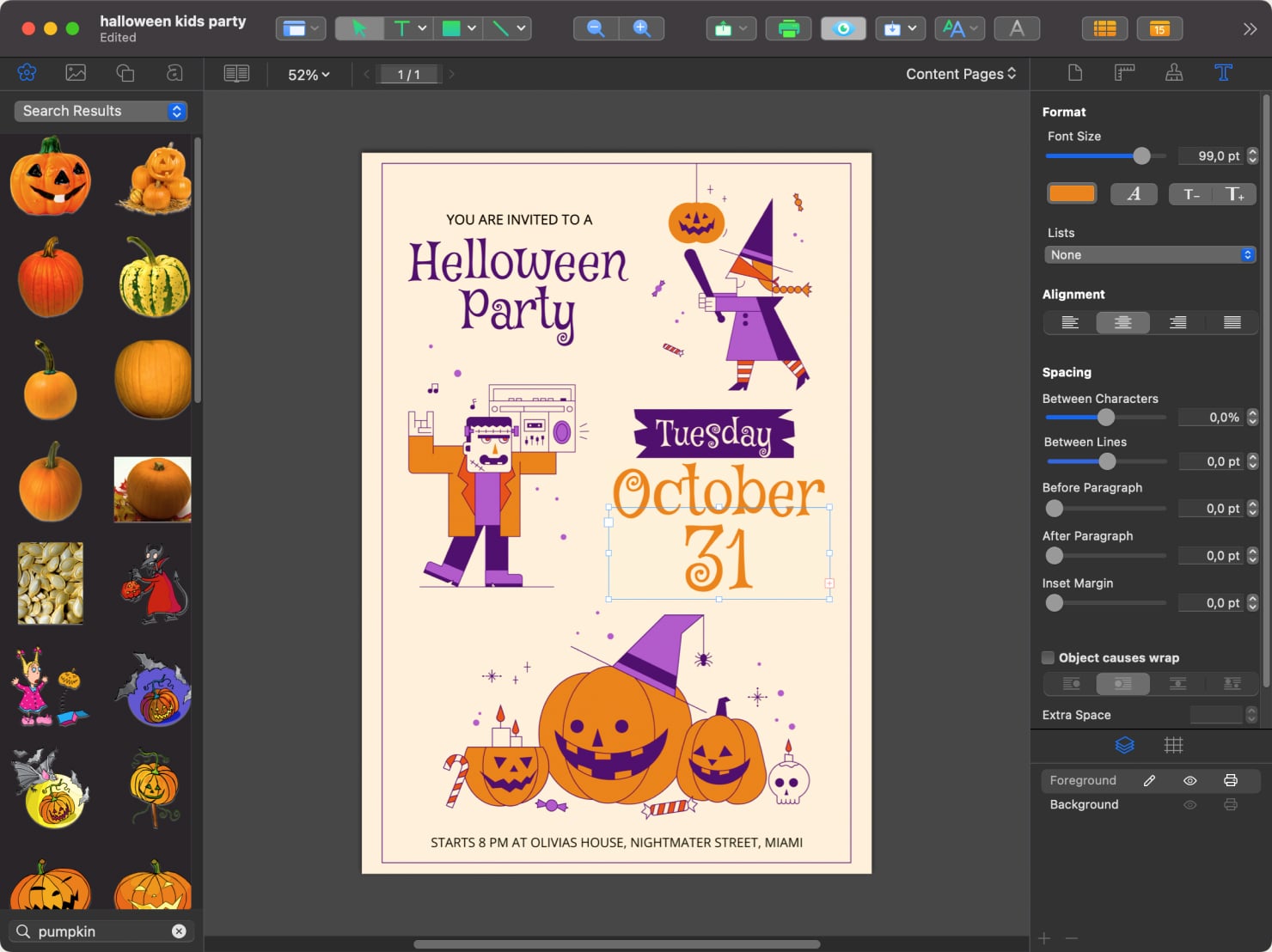 Digital and printed Halloween party invitation created in Swift Publisher for Mac.