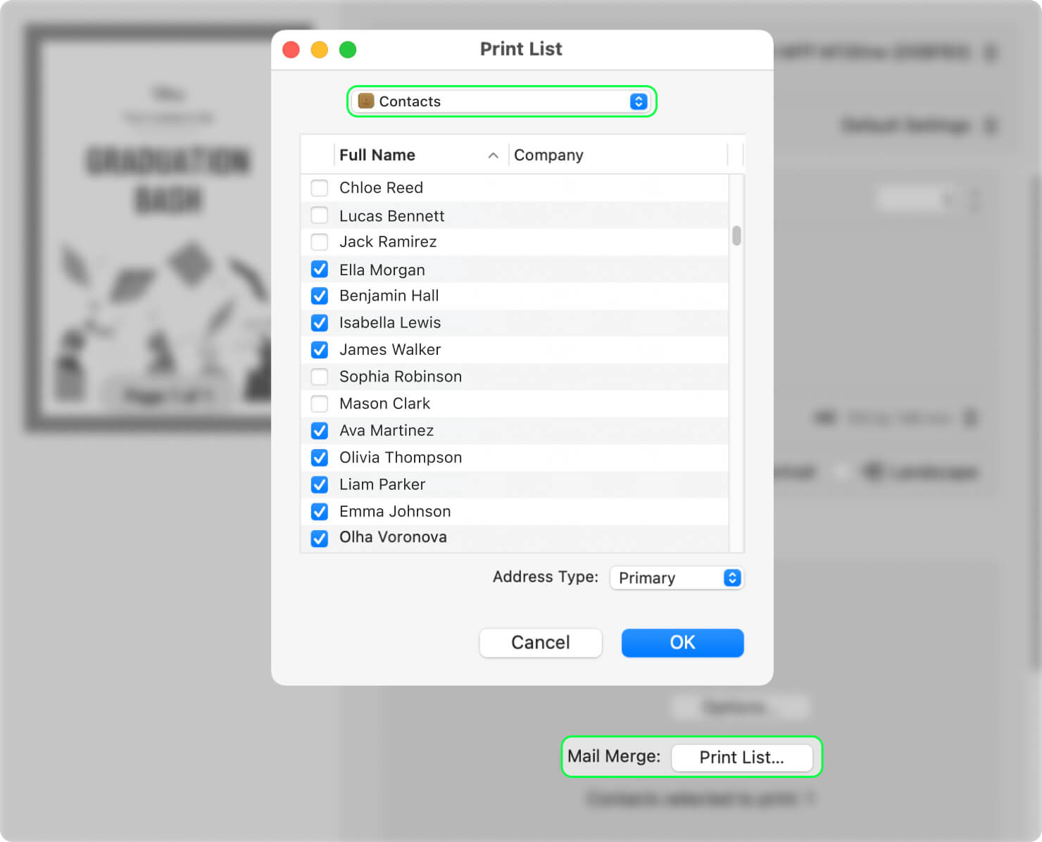 Swift Publisher for Mac with bulk mail merge list in print dialog.