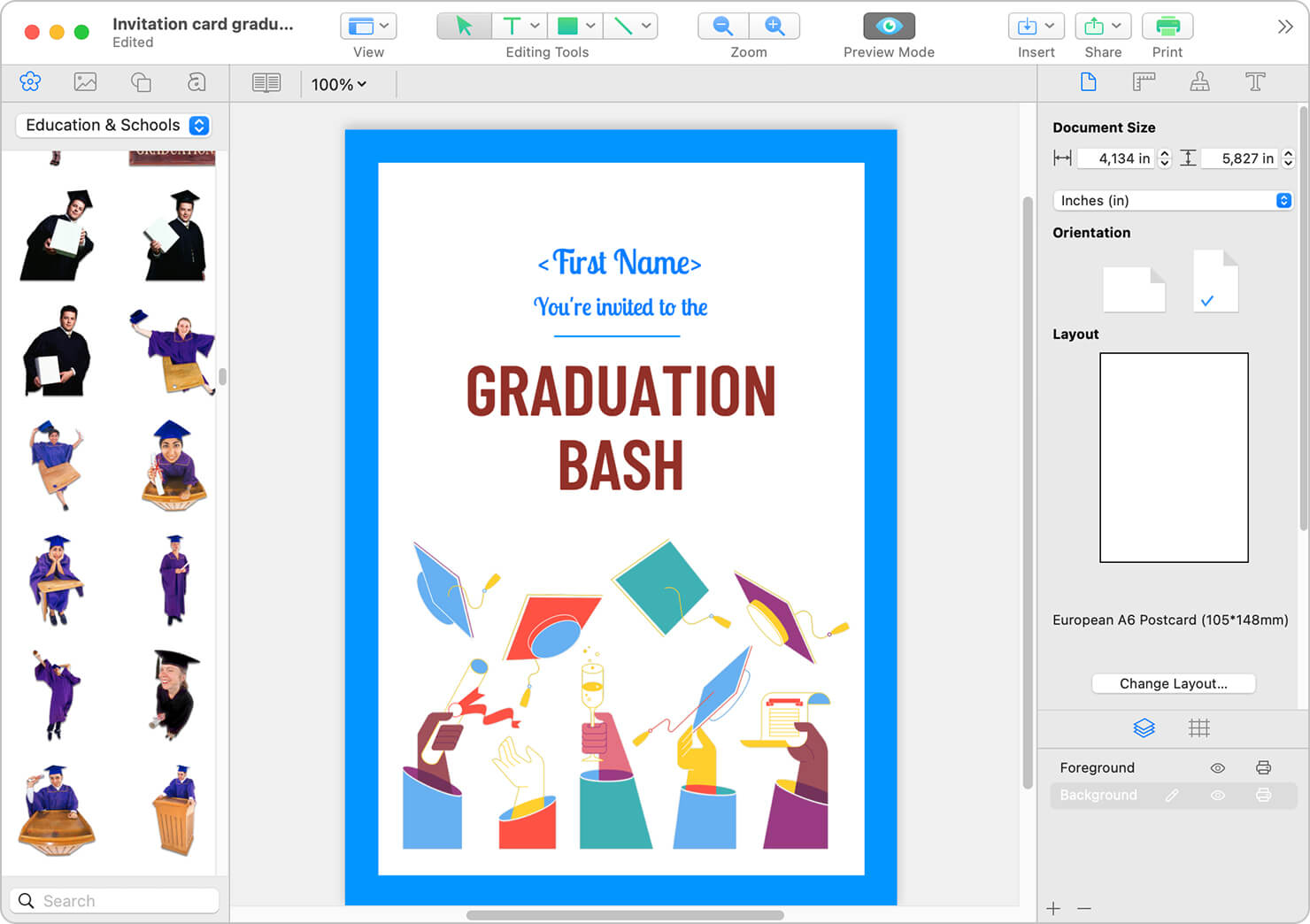 Postcard design with data merge field.