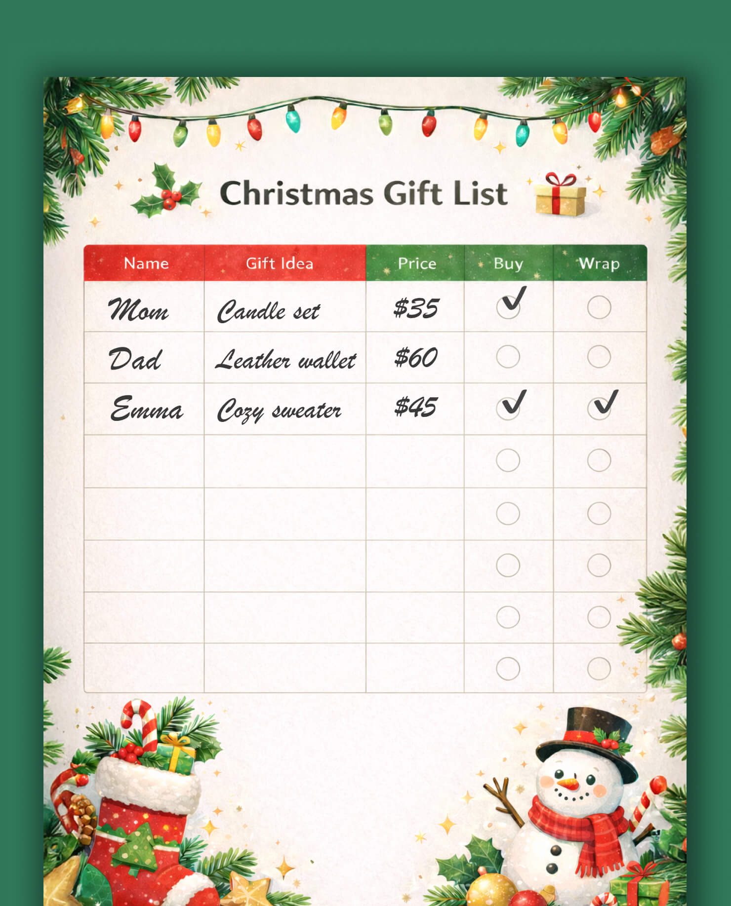 Organized Christmas gift planning worksheet with checkboxes for buy and wrap status surrounded by holiday decorations and winter theme.