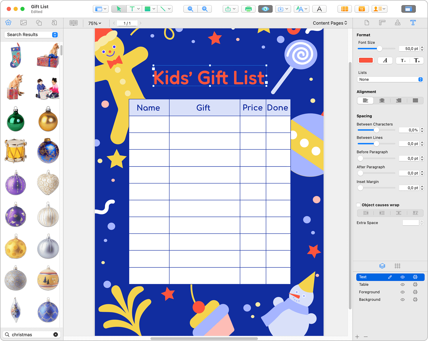 Creating a kids Christmas gift list template in Swift Publisher showing design interface with ornaments, graphics and editable columns.