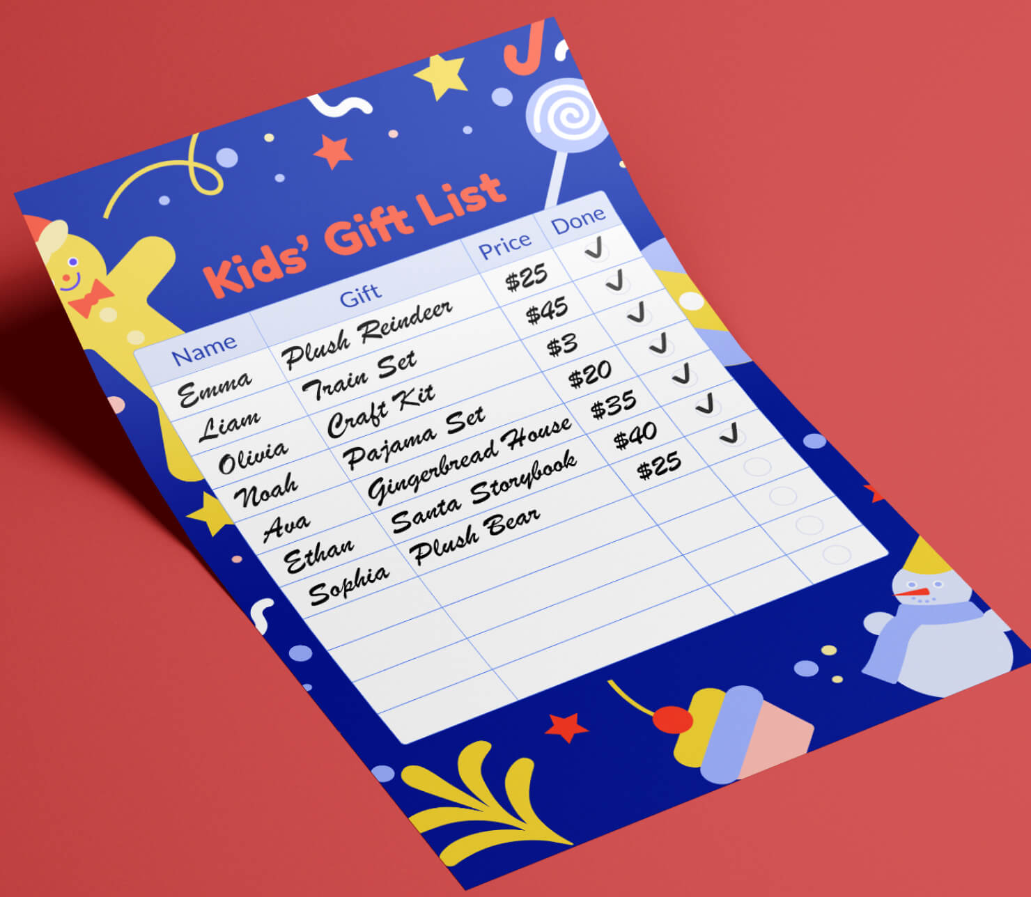 Finished kids Christmas gift list printable featuring completed names, gift ideas, prices and checkboxes on blue layout.