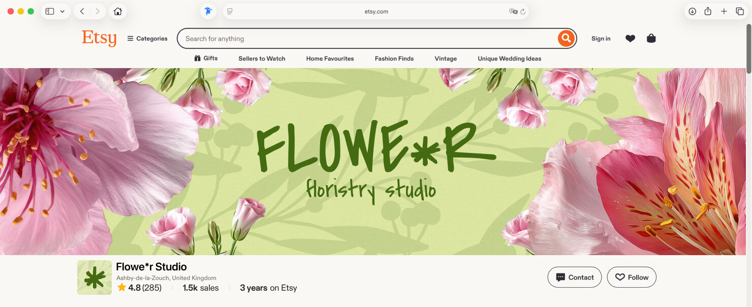 An Etsy storefront for Flowe*r Studio, featuring a custom light green shop banner with large pink flowers and the shop’s logo, designed in Swift Publisher.