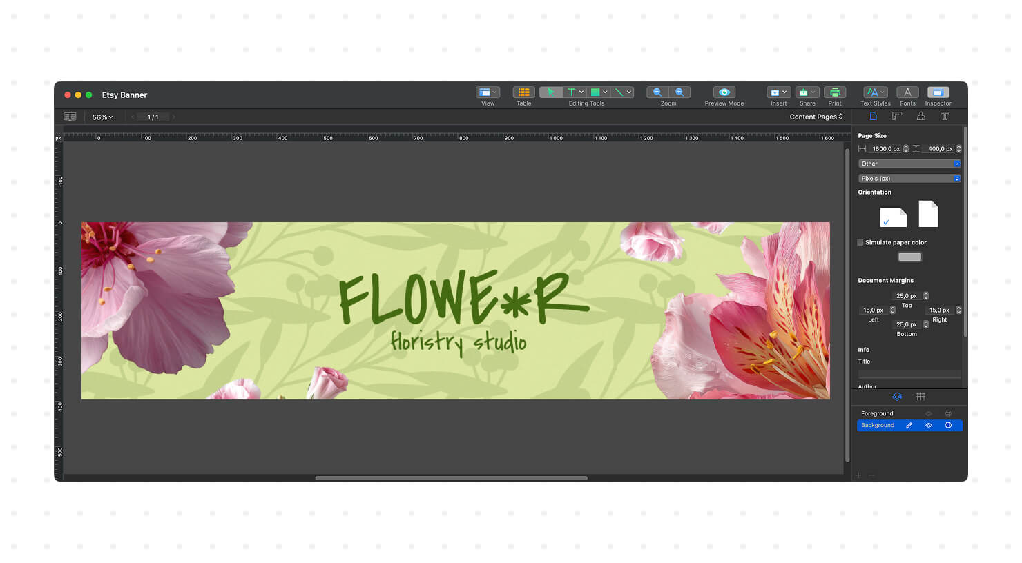  The Swift Publisher workspace displaying a completed custom Etsy banner with the shop name.