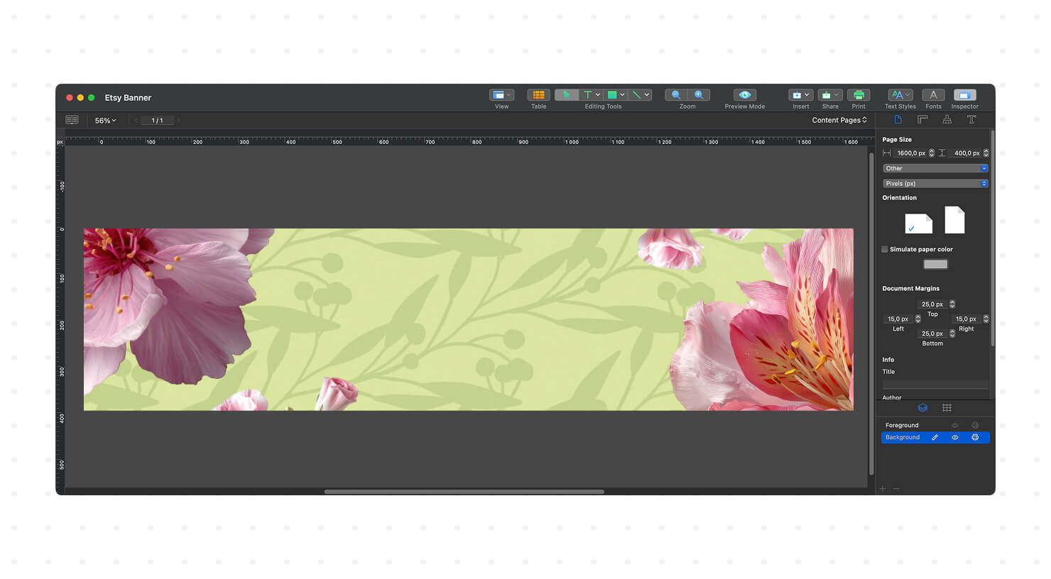 The main workspace in Swift Publisher showing an in-progress Etsy banner with a floral background added to the canvas.