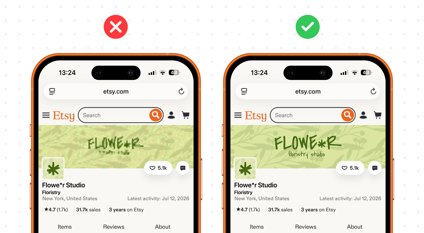 A mobile view comparison showing the importance of using Retina-ready Etsy banner sizes. 