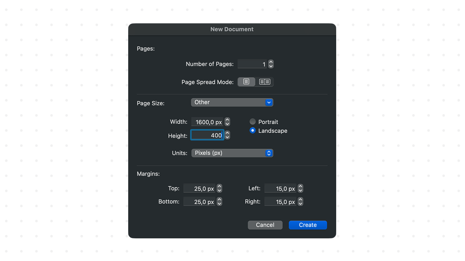 The New Document setup window in Swift Publisher, showing the custom page size being set to 1600 by 400 pixels.