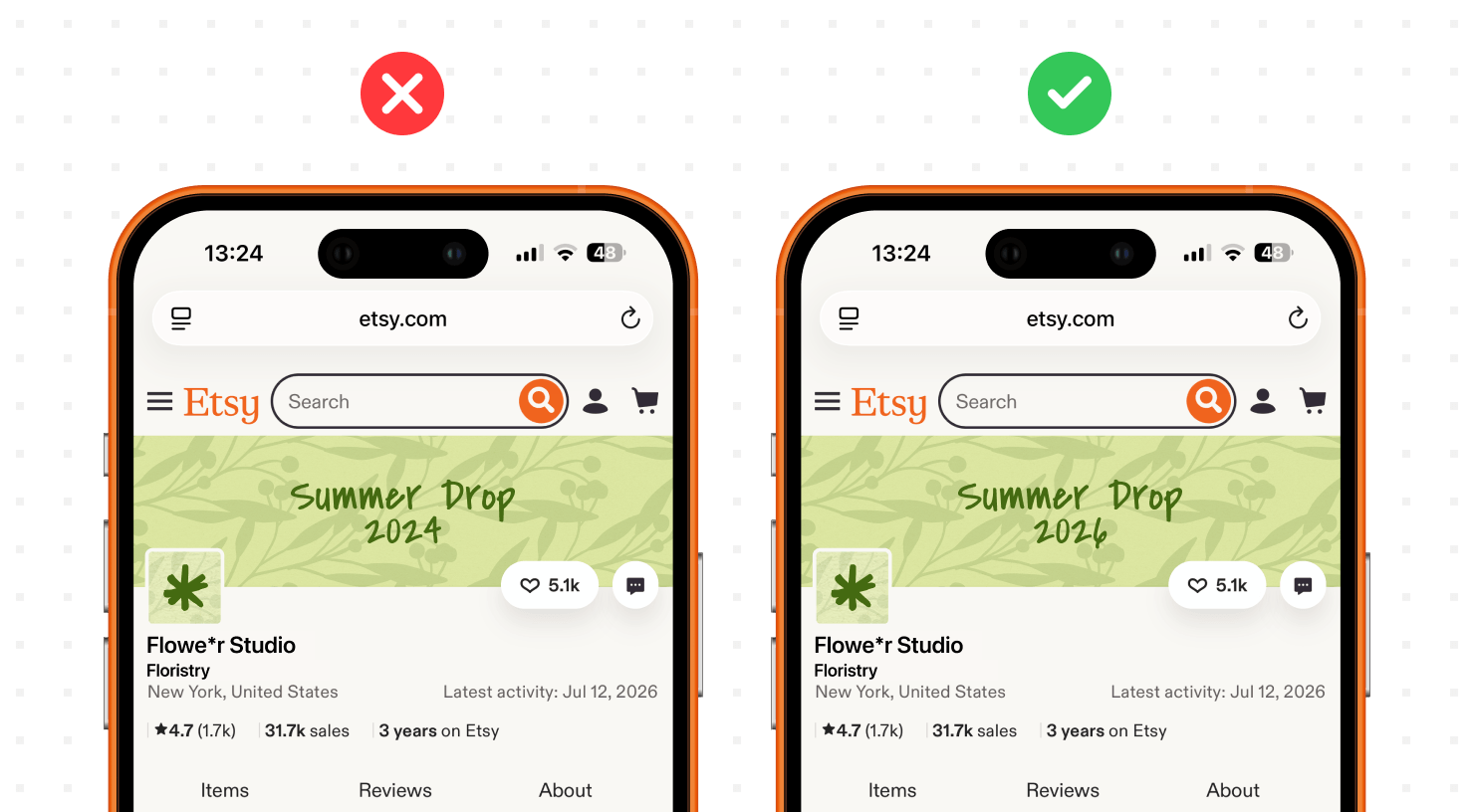 A side-by-side comparison on mobile phones showing an outdated Etsy banner with a red X next to an updated banner with a green checkmark.