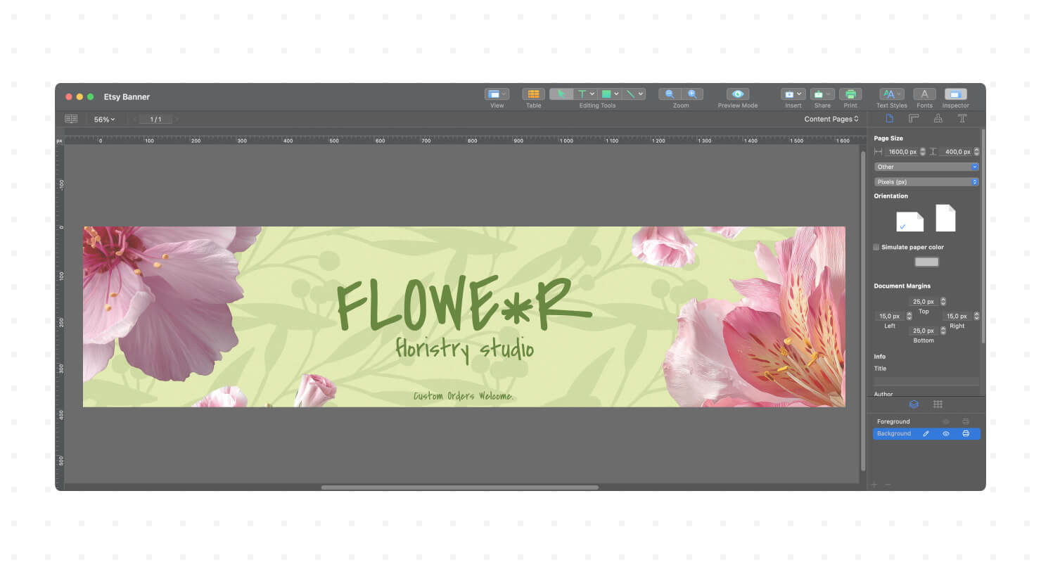 The Swift Publisher workspace displaying a finalized custom Etsy banner with the shop name and a Custom Orders Welcome tagline centered on the design.