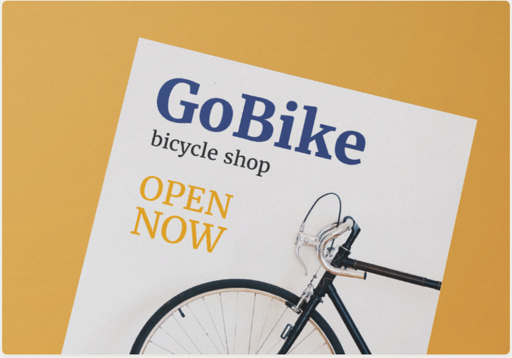A flyer with a bicycle image in the center