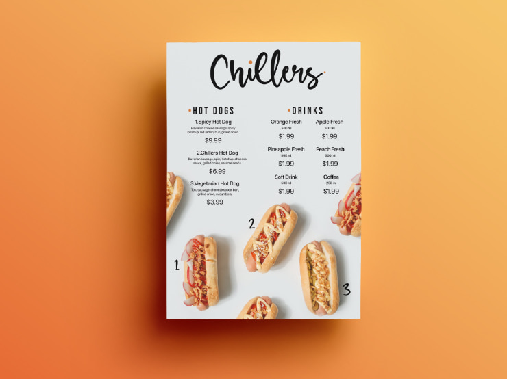 Menu with different types of hot dogs