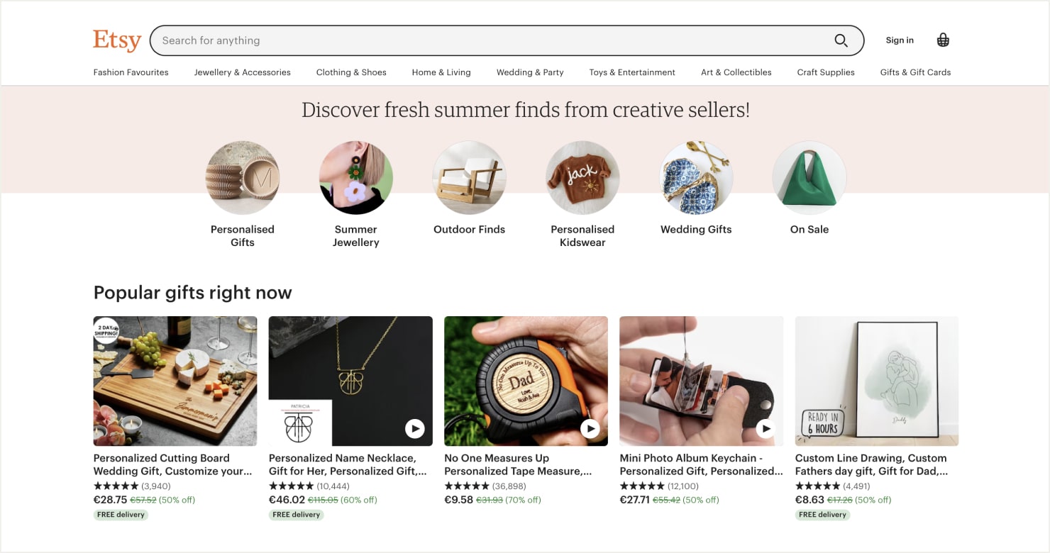 Etsy home page.