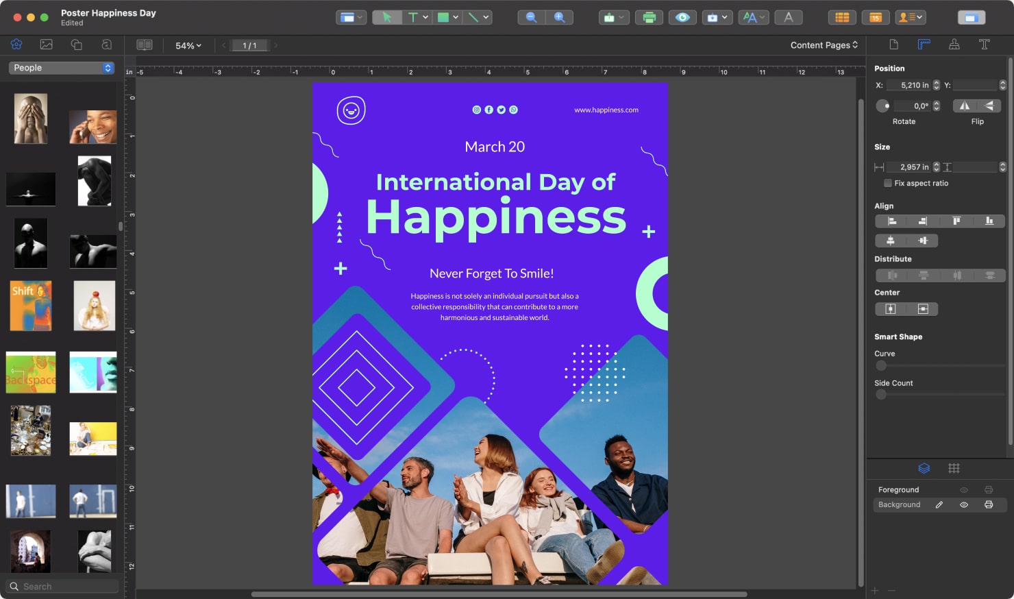 Swift Publisher interface with International Happiness Day poster.