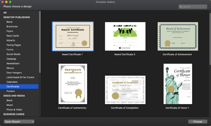 Different types of certificates designed in Swift Publisher for Mac