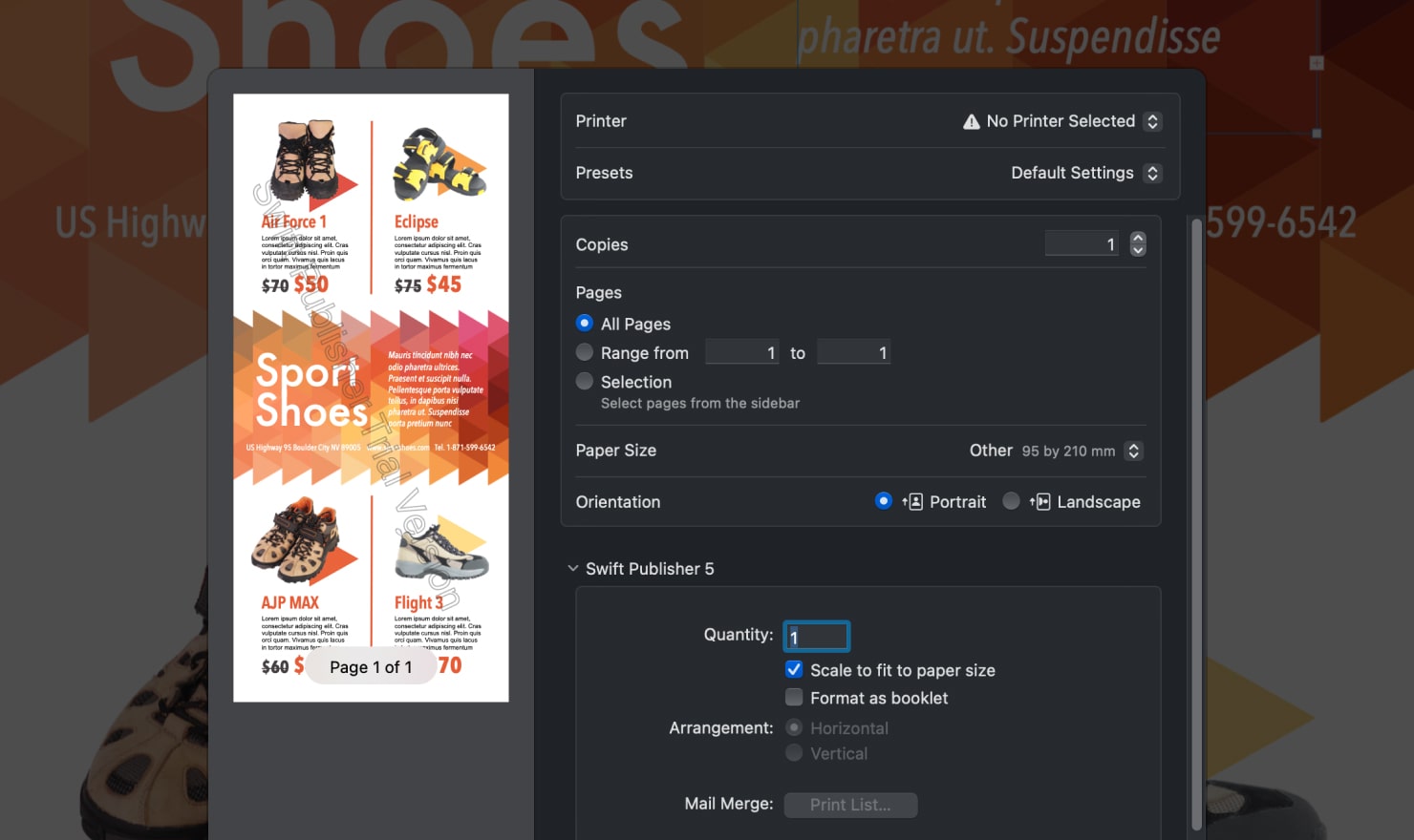 Printing window in Swift Publisher for Mac.