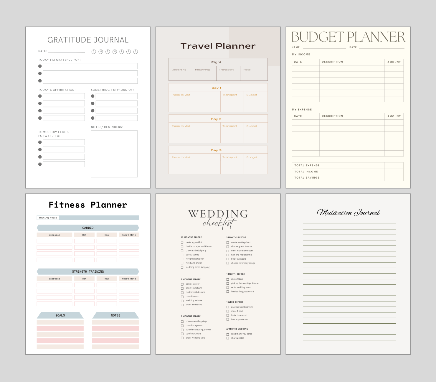 Gratitude journal, travel planner, budget planner, fitness planner, wedding checklist and meditation journal as low content book examples.