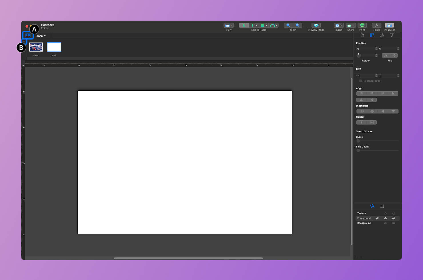 Adding a new page for the reverse side of the greeting card.