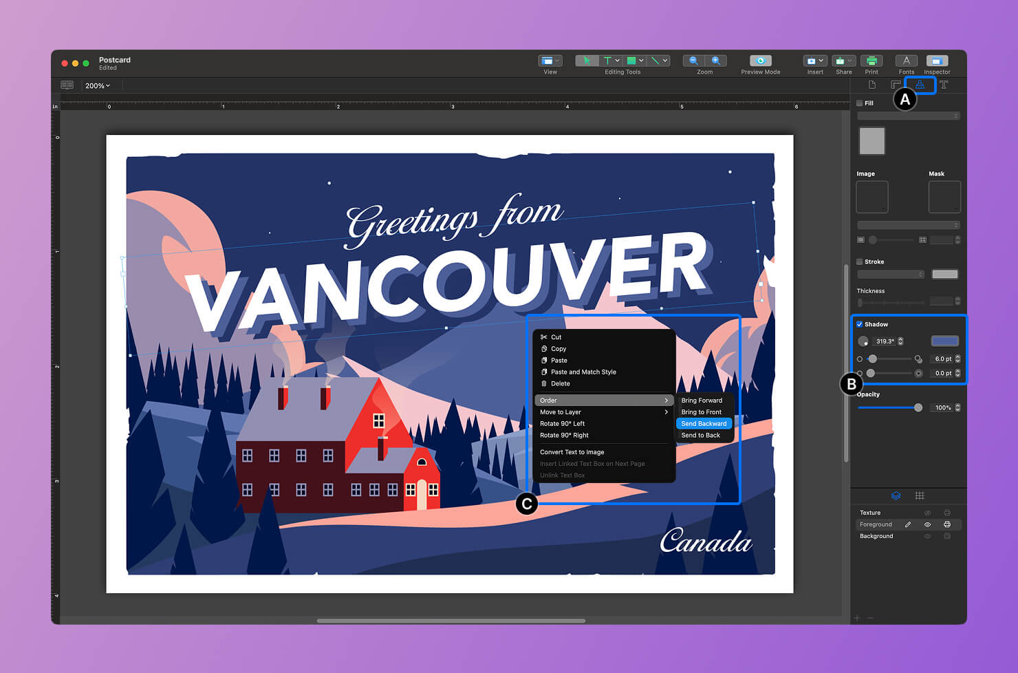 Adjusting shadow settings in the Appearance tab to enhance text visibility.