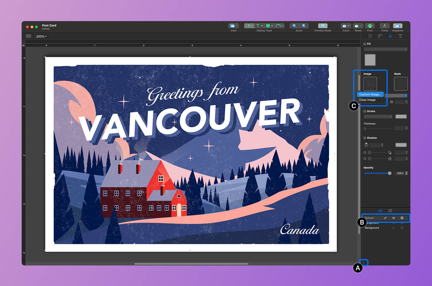 Creating a new Texture layer and applying a custom image fill.