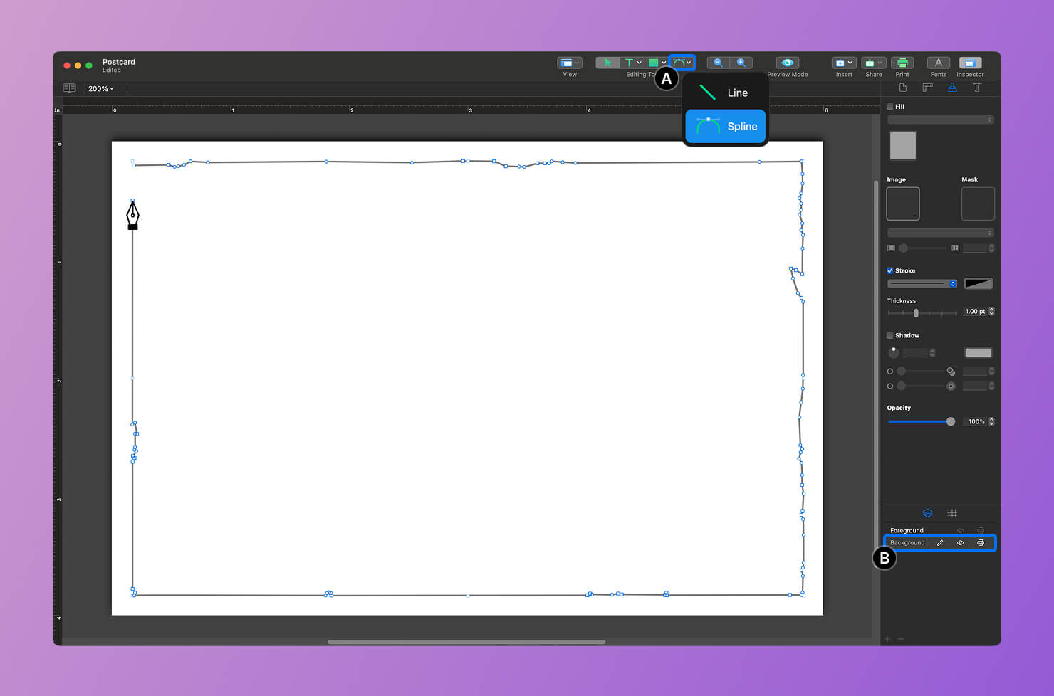 Drawing a custom shape with the Spline Tool on the Background layer.