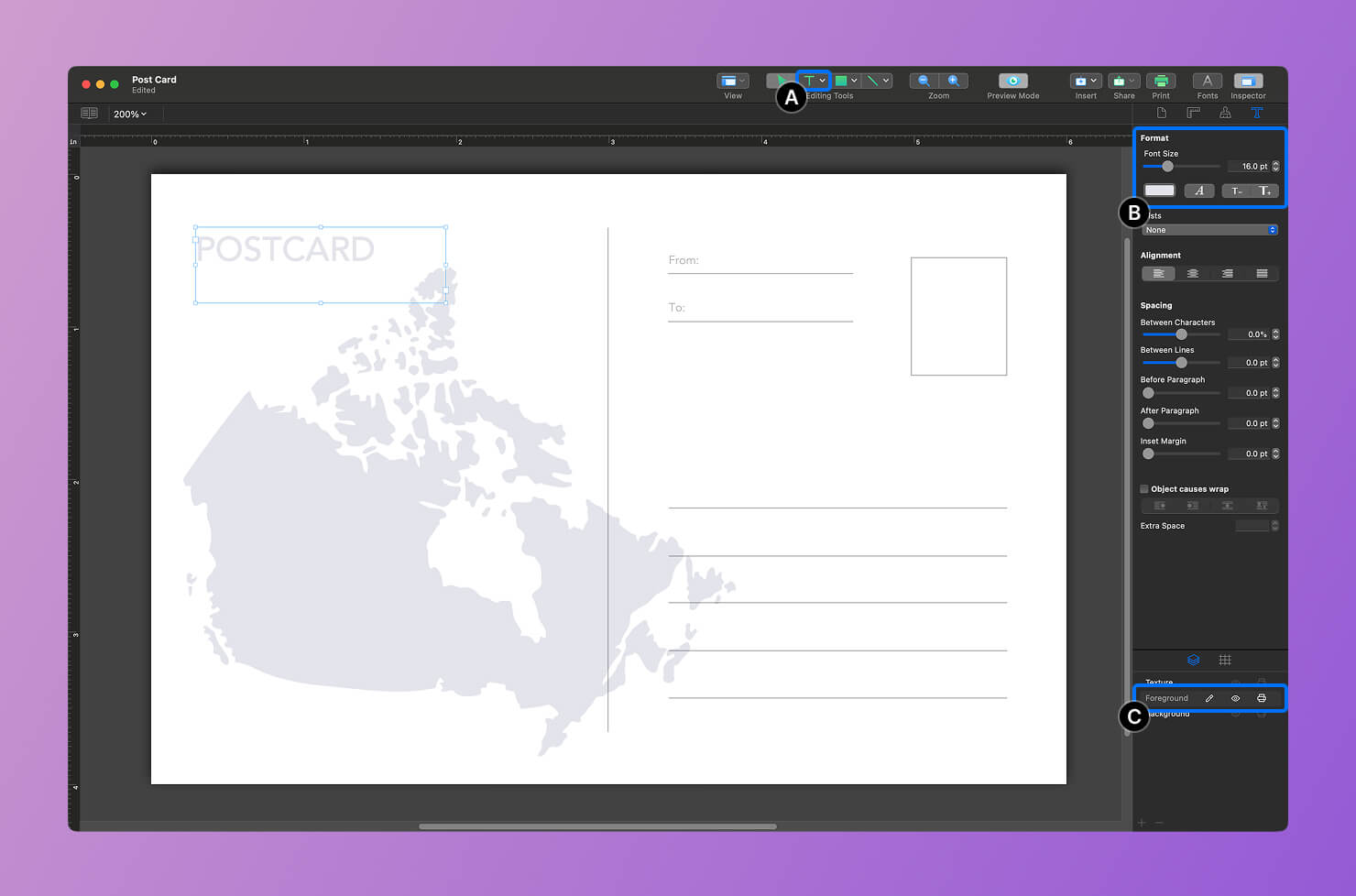 Finalized back of the postcard with text, address lines, and background.