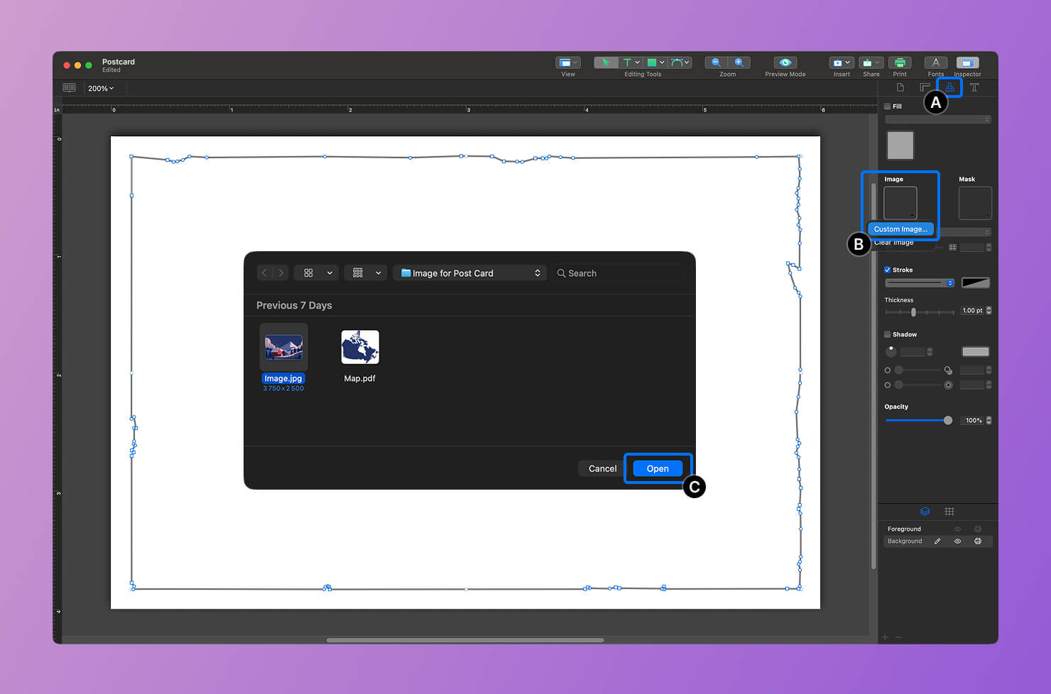 Inserting a custom image into a shape using the Appearance tab in Inspector.