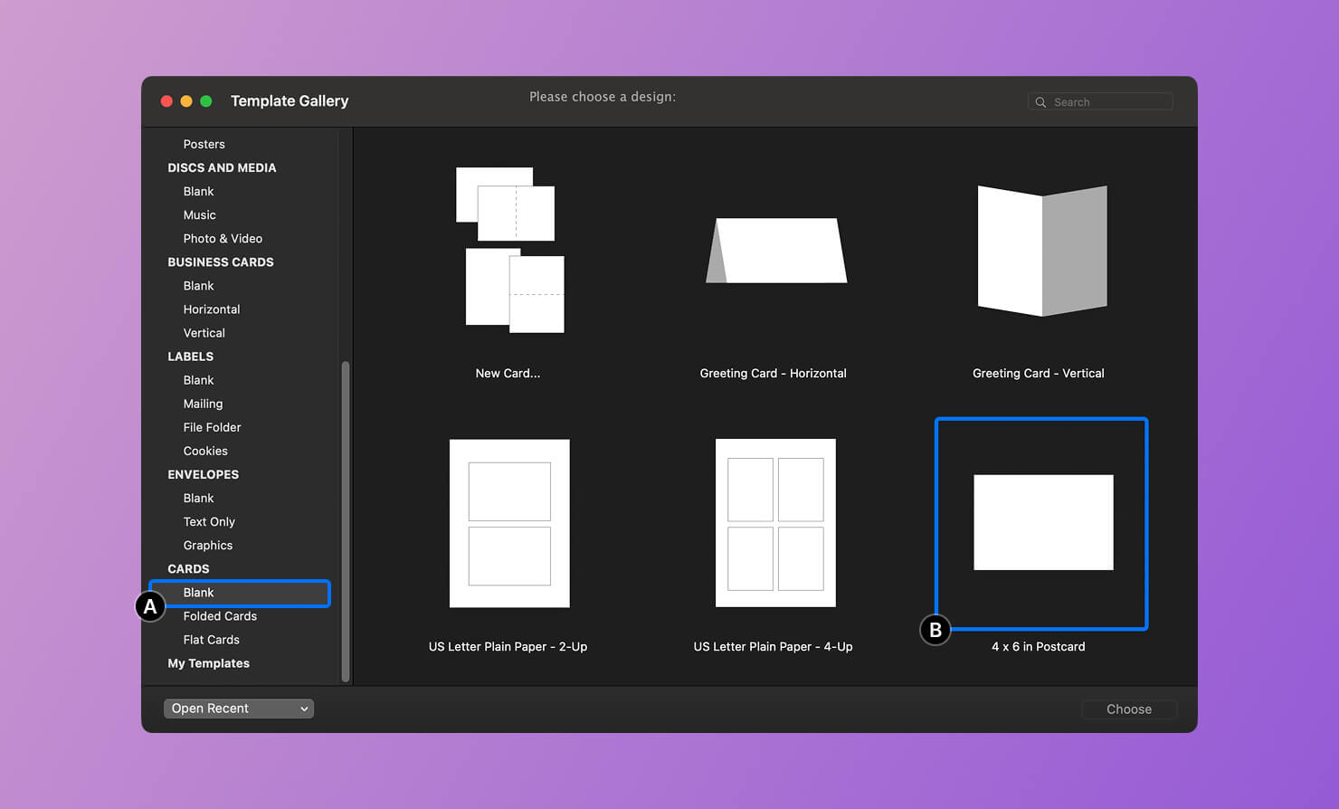 Selecting the Blank 4x6 Postcard template in the Swift Publisher Gallery.