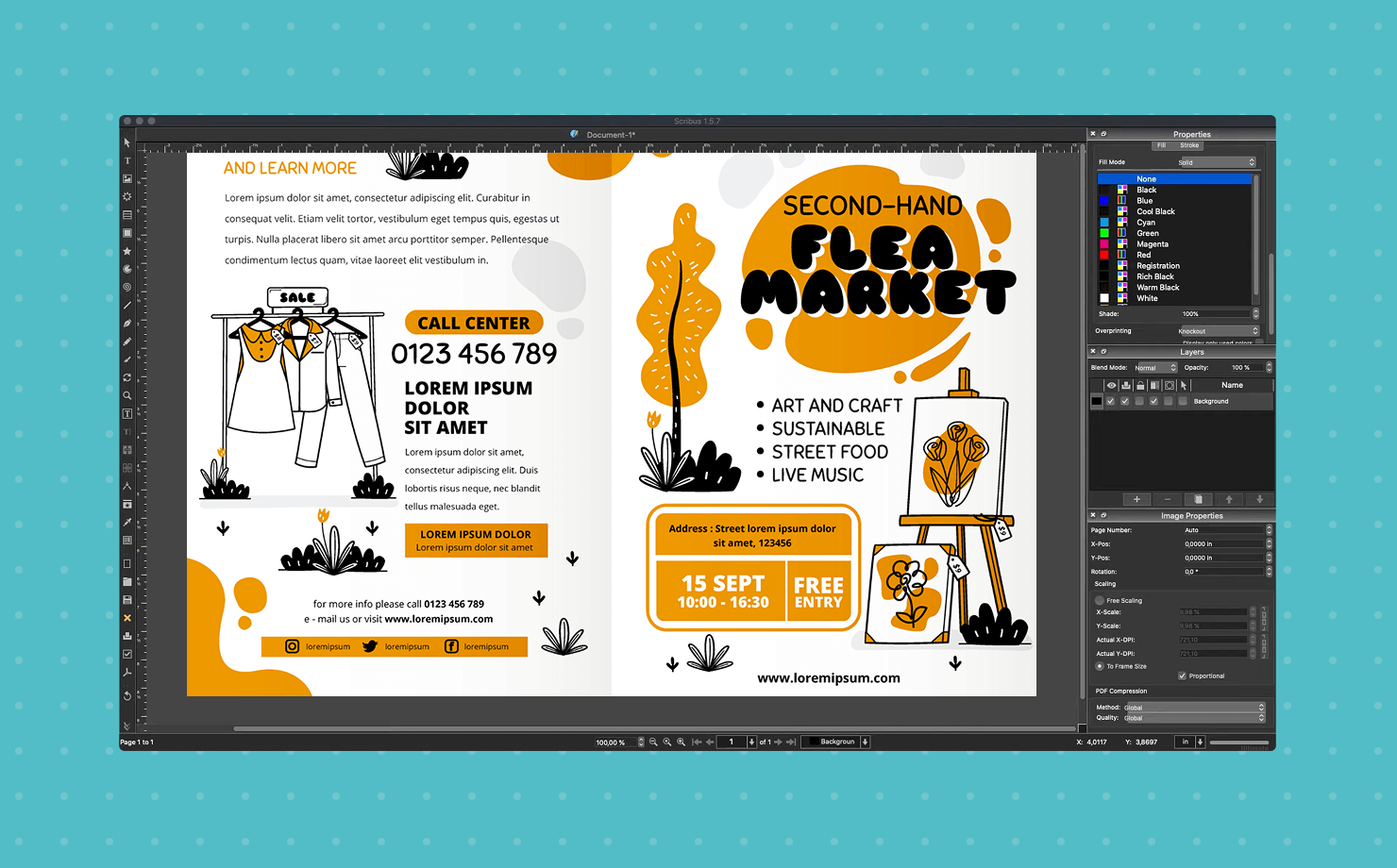 Scribus interface showing a Second-Hand Flea Market flyer design with an open color properties panel.