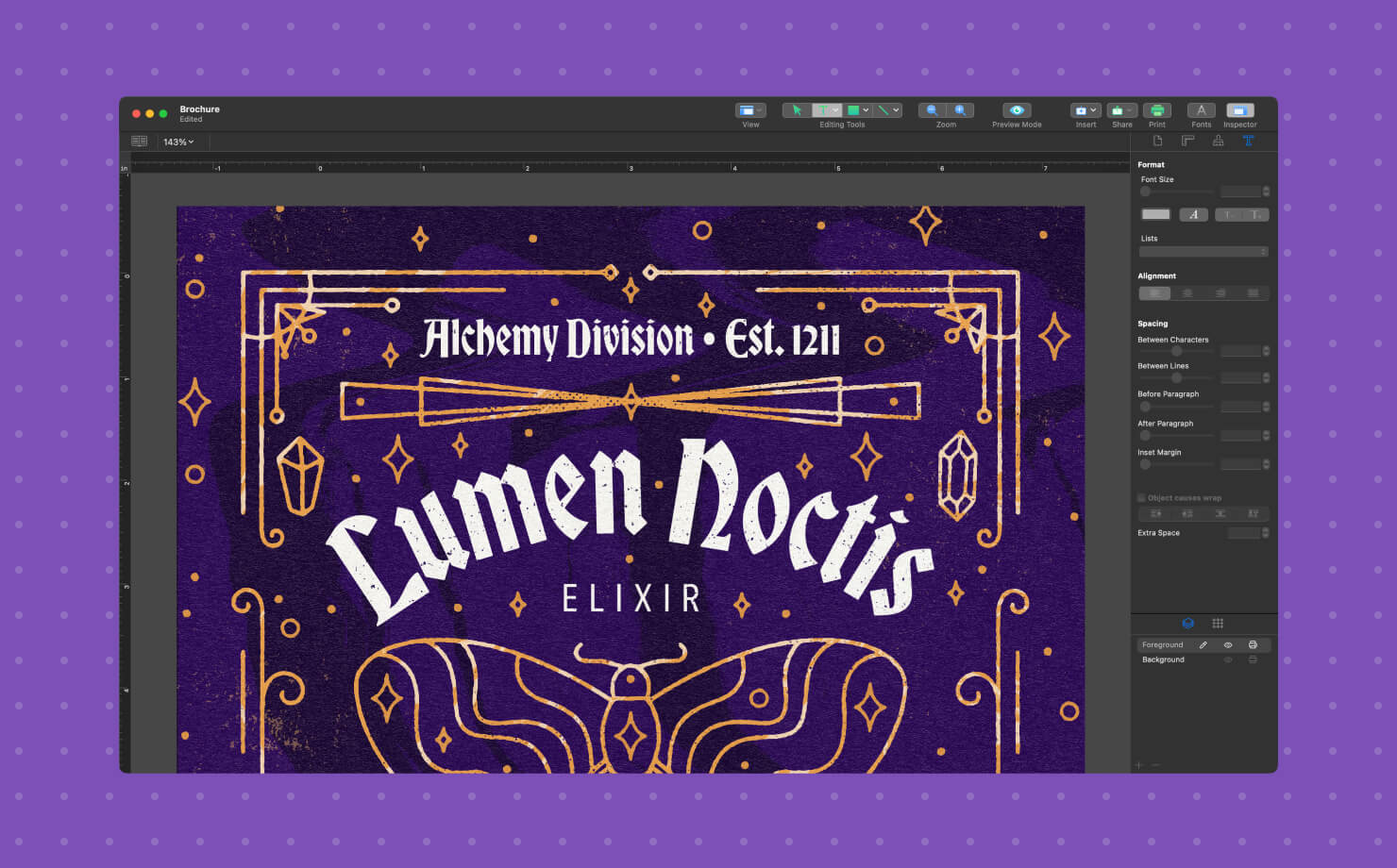 Swift Publisher editing window showing a complex, dark-themed Lumen Noctis Elixir label design.