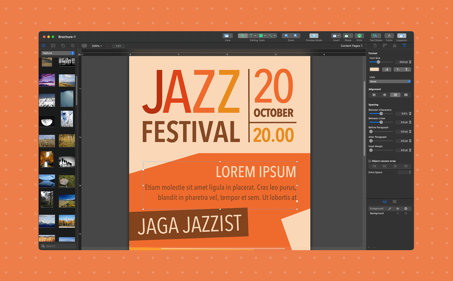 Swift Publisher interface featuring a Jazz Festival poster layout with a library of nature images visible in the sidebar.